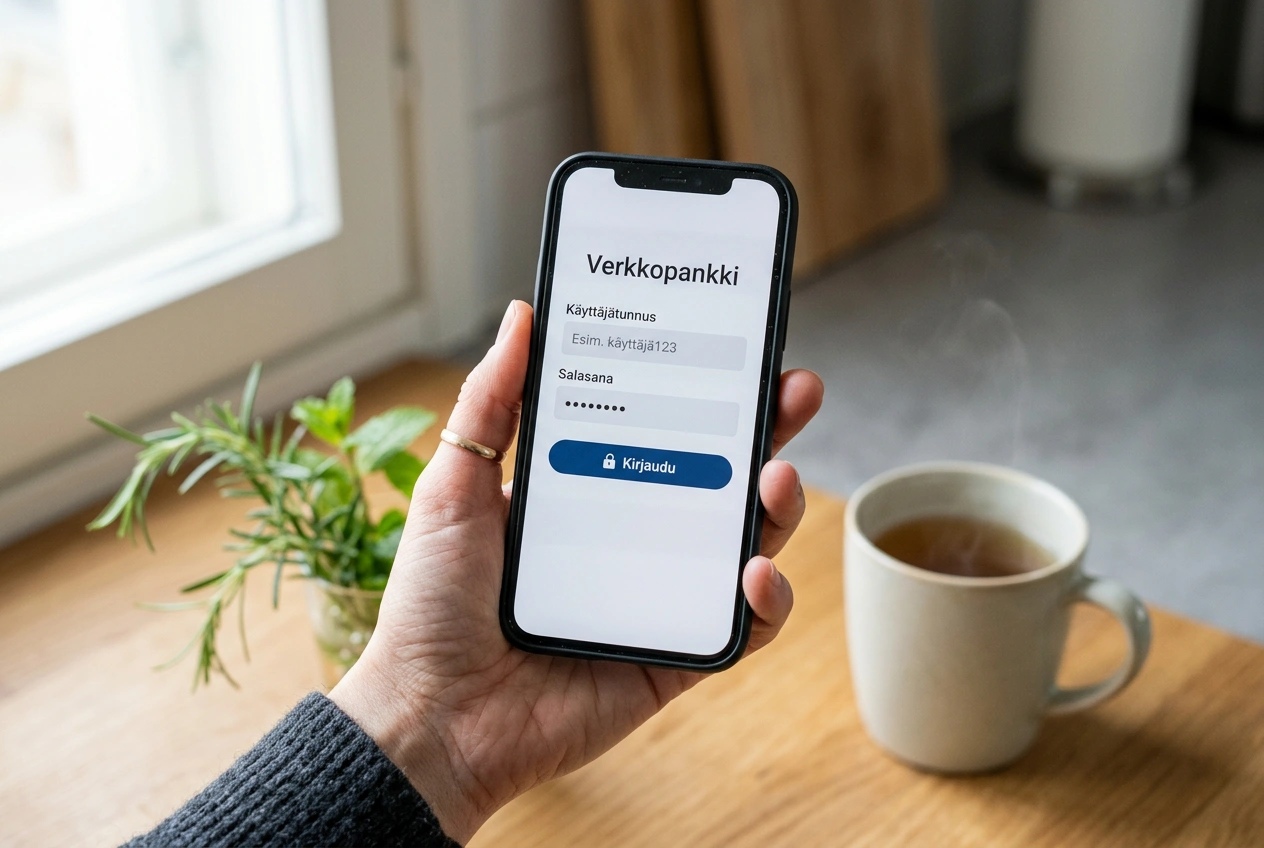 Suomalainen pelaaja kirjautuu pankkitunnuksilla Trustly-maksuun matkapuhelimella